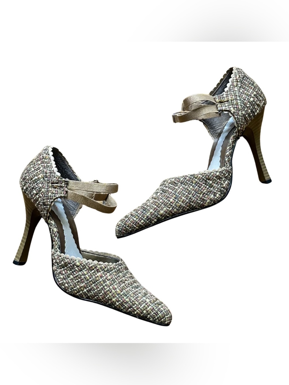 Tweed Pointed-Toe Ankle-Strap High Heels - Beige Tweed